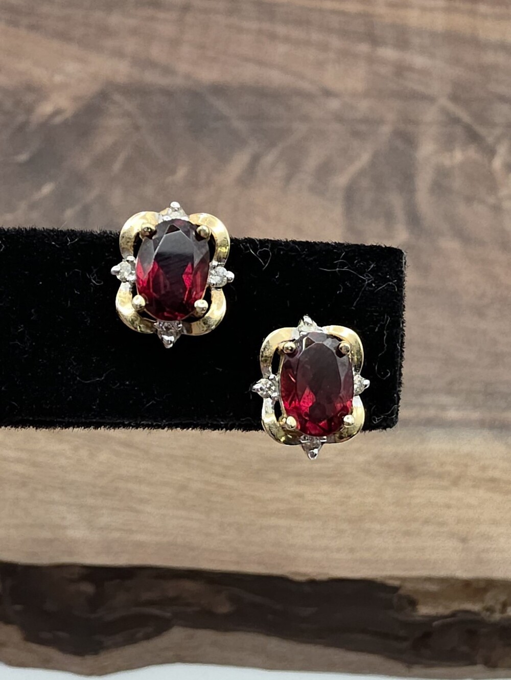 Vintage 14k Gold Garnet & Diamond Stud Earrings